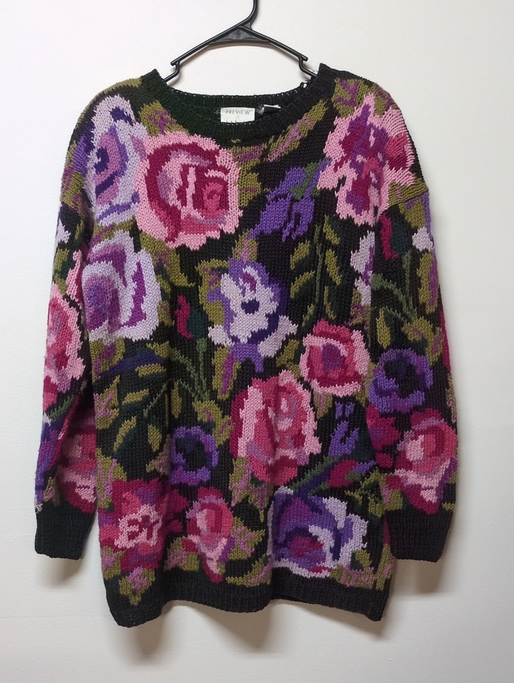 Vintage Preview Basics Black Purple Pink Rose Tunic Sweater, Size L